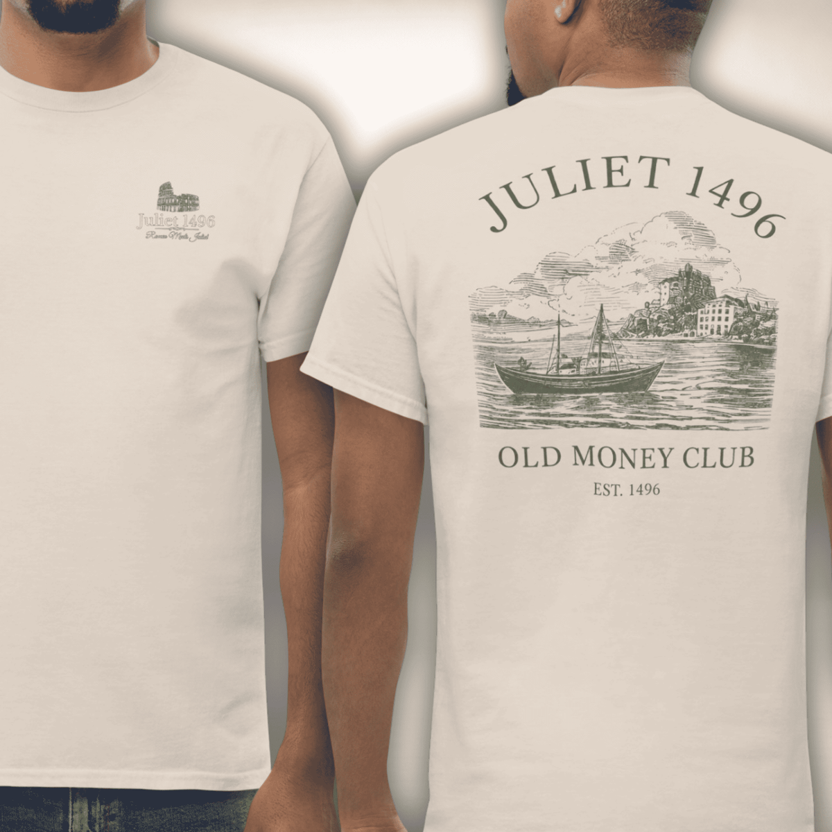 Old Money Club T-Shirt in Naturweiß, Vorder- und Rückseite